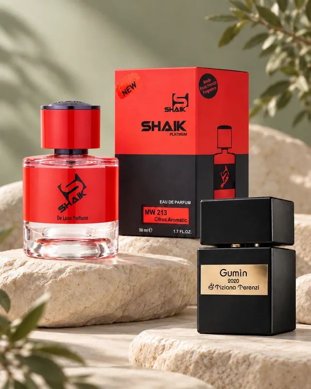 Shaik MW 213 bottle and box beside Tiziana Terenzi Gumin, the fragrance that inspired it