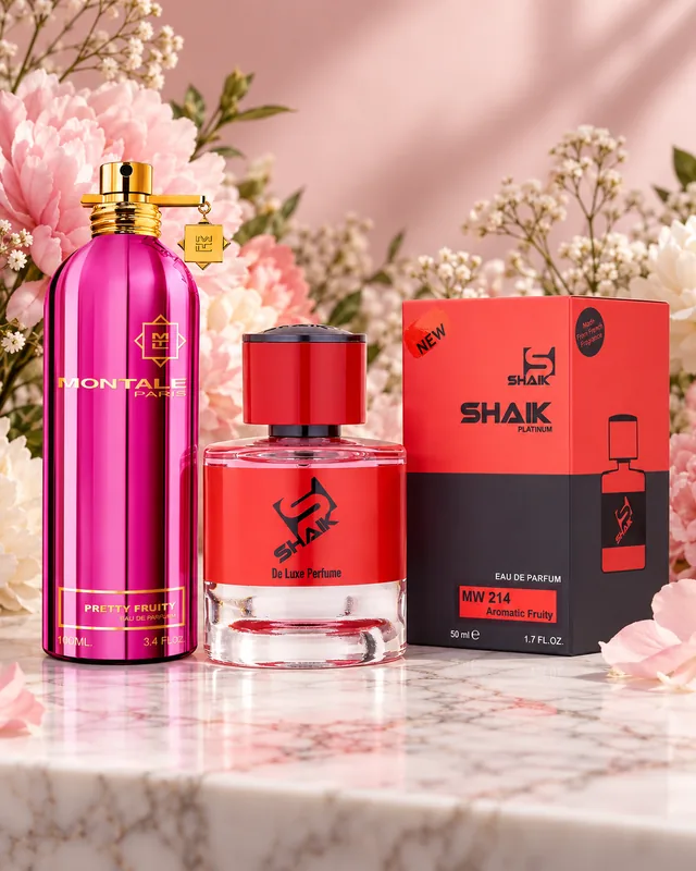 Shaik MW 214 bottle and box beside Montale Pretty Fruity, the fragrance that inspired it