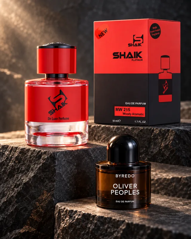 Shaik MW 215 bottle and box beside Byredo Oliver Peoples Green, the fragrance that inspired it
