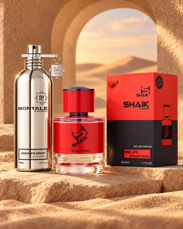 Shaik MW 216 bottle and box beside Montale Chocolate Greedy, the fragrance that inspired it