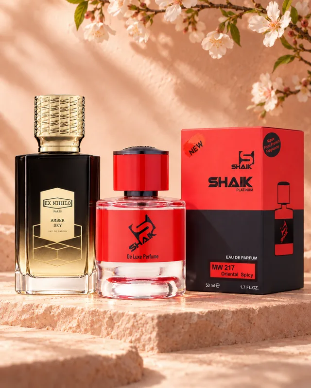 Shaik MW 217 bottle and box beside Ex Nihilo Amber Sky, the fragrance that inspired it