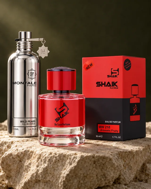 Shaik MW 218 bottle and box beside Montale Wild Pears, the fragrance that inspired it
