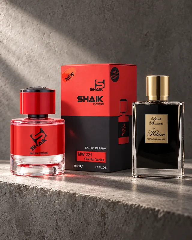Shaik MW 221 bottle and box beside Kilian Black Phantom, the fragrance that inspired it