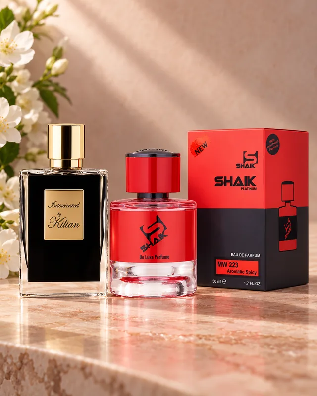 Shaik MW 223 bottle and box beside Kilian Intoxicated, the fragrance that inspired it