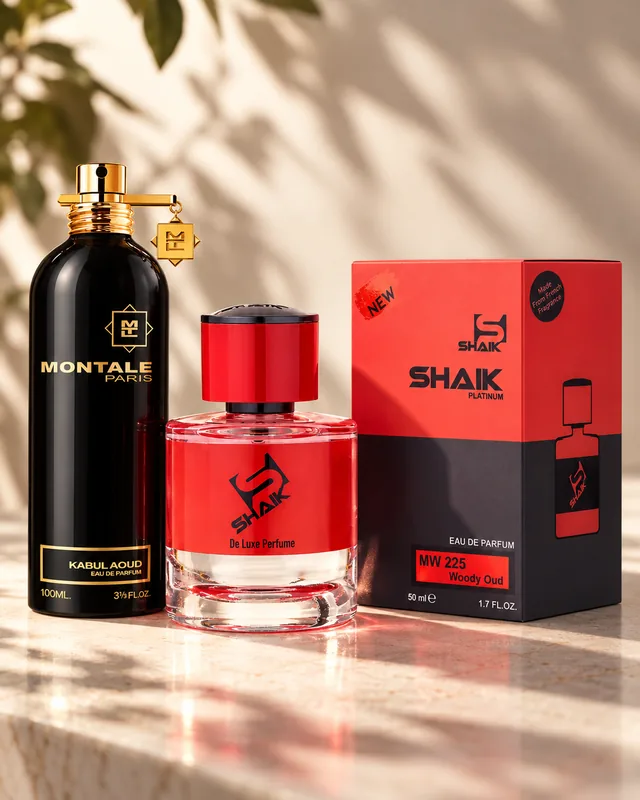 Shaik MW 225 bottle and box beside Montale Kabul Aoud, the fragrance that inspired it