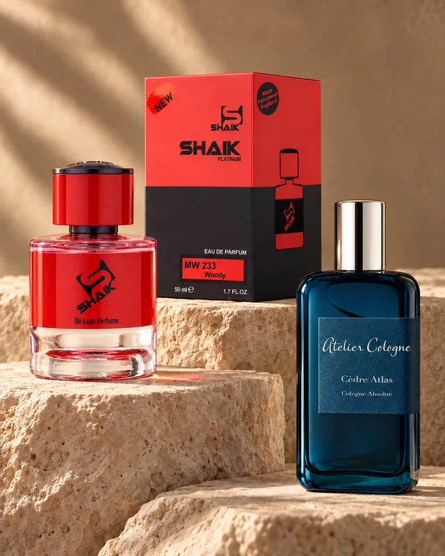 Shaik MW 233 bottle and box beside Atelier Cologne Cèdre Atlas Absolue, the fragrance that inspired it