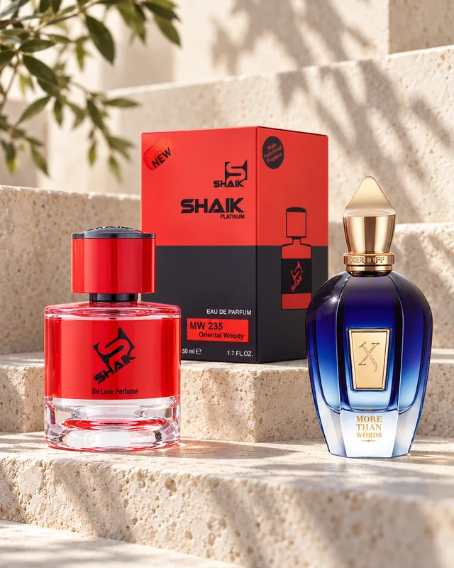 Shaik MW 235 bottle and box beside Xerjoff More Than Words, the fragrance that inspired it