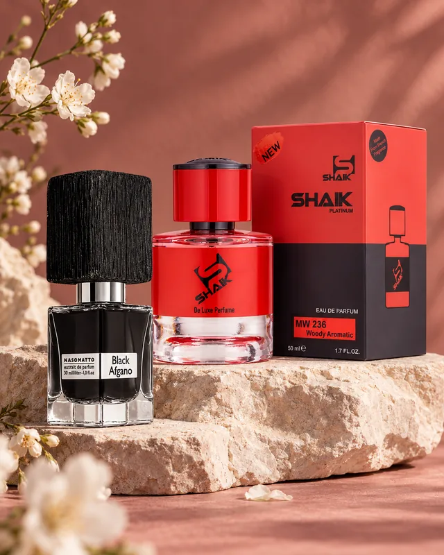 Shaik MW 236 bottle and box beside Nasomatto Black Afgano, the fragrance that inspired it