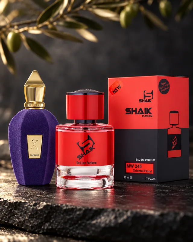 Shaik MW 245 bottle and box beside Xerjoff Soprano, the fragrance that inspired it