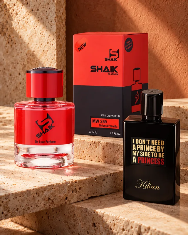 Shaik MW 259 bottle and box beside Kilian I Don't Need a Prince by My Side to Be a Princess, the fragrance that inspired it