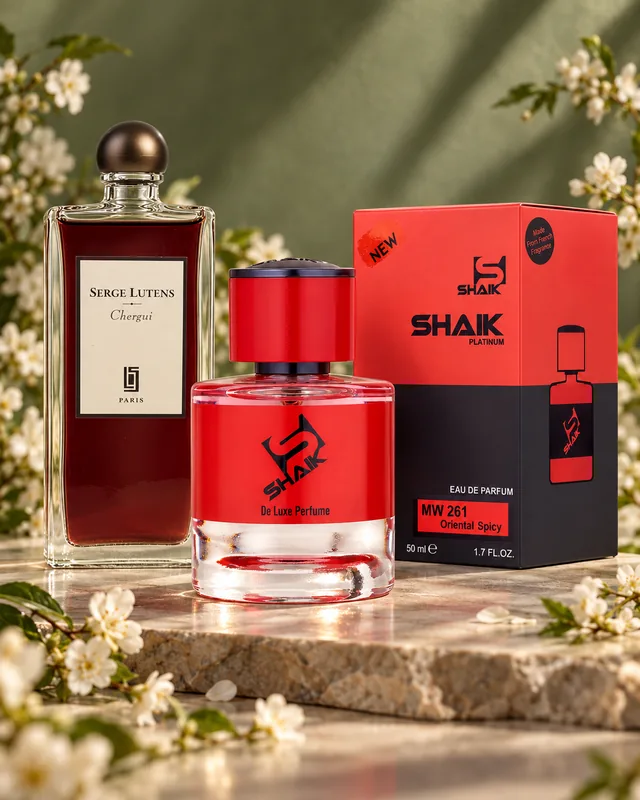 Shaik MW 261 bottle and box beside Serge Lutens Chergui, the fragrance that inspired it