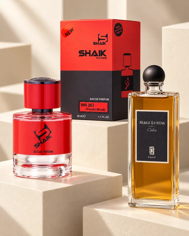 Shaik MW 263 bottle and box beside Serge Lutens Cèdre, the fragrance that inspired it
