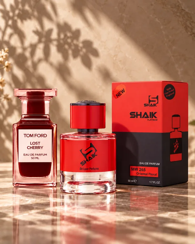 Shaik MW 265 bottle and box beside Tom Ford Lost Cherry, the fragrance that inspired it