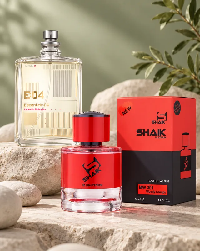 Shaik MW 301 bottle and box beside Escentric Molecules Escentric 04, the fragrance that inspired it