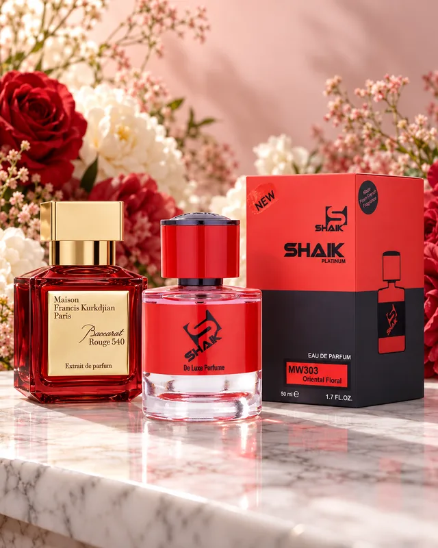 Shaik MW 303 bottle and box beside Maison Francis Kurkdjian Baccarat Rouge 540 Extrait de Parfum, the fragrance that inspired it