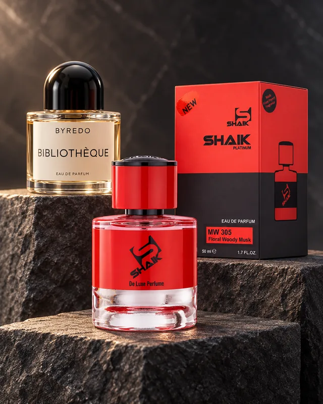 Shaik MW 305 bottle and box beside Byredo Bibliothèque, the fragrance that inspired it