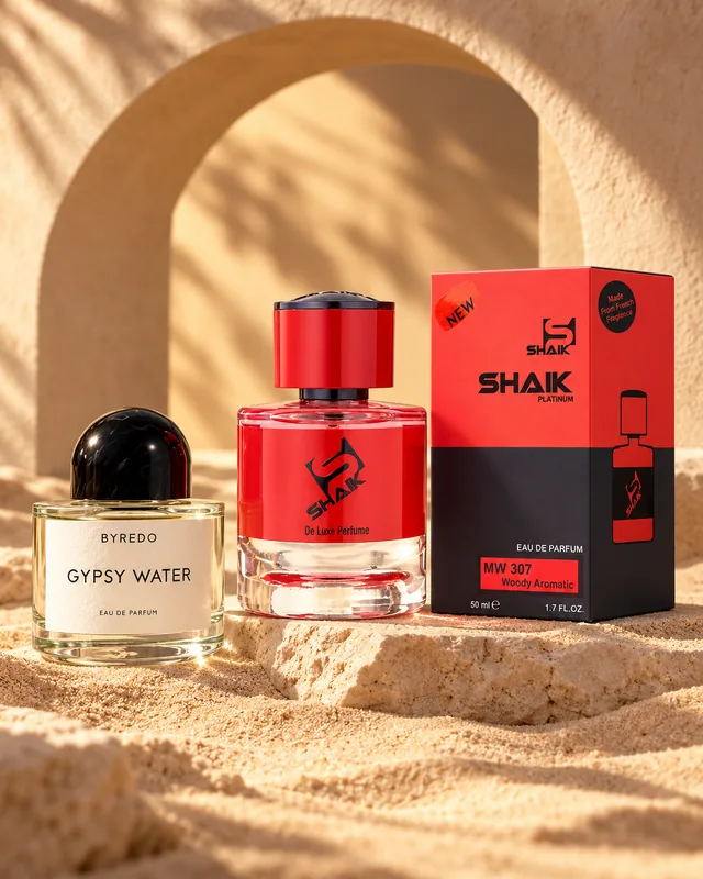 Shaik MW 307 bottle and box beside Byredo Gypsy Water, the fragrance that inspired it