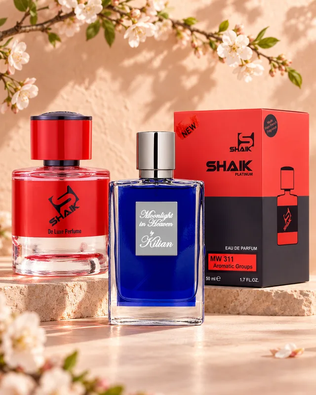 Shaik MW 311 bottle and box beside Kilian Moonlight in Heaven, the fragrance that inspired it