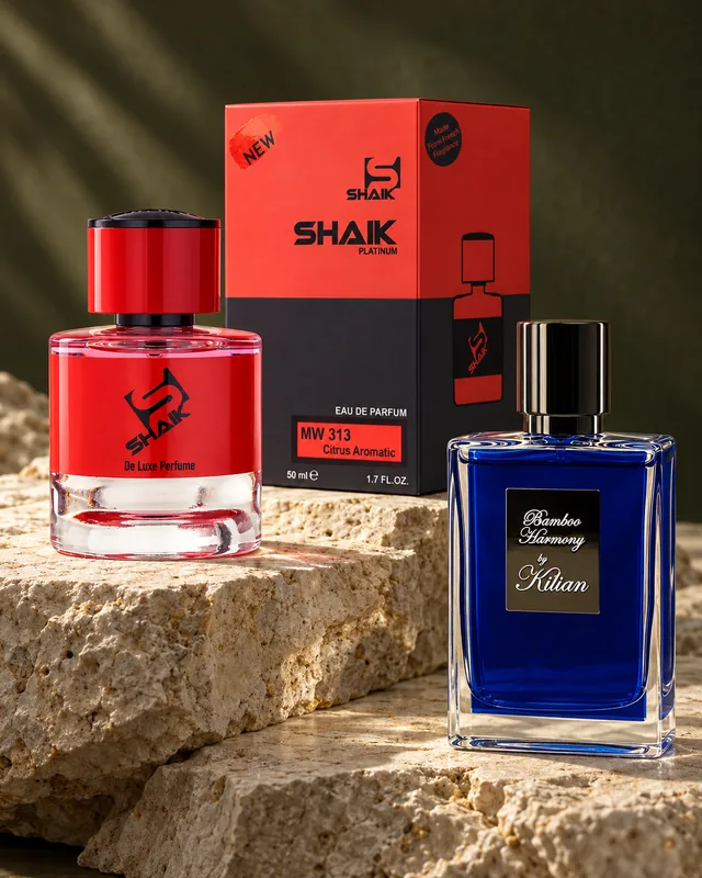 Shaik MW 313 bottle and box beside Kilian Bamboo Harmony, the fragrance that inspired it
