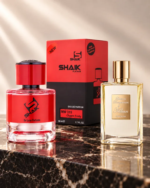 Shaik MW 315 bottle and box beside Kilian Liaisons Dangereuses, the fragrance that inspired it