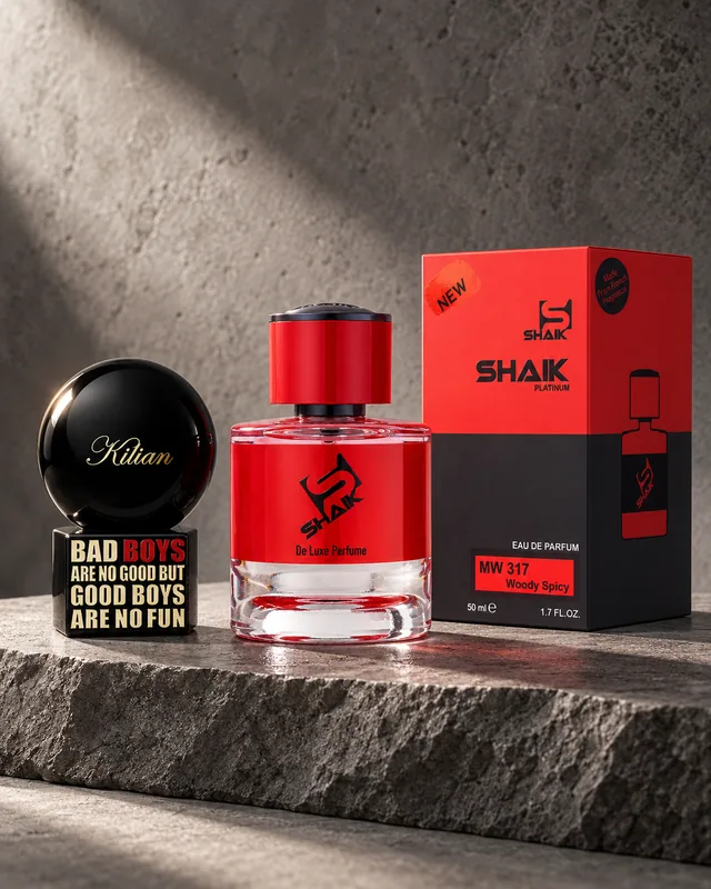 Shaik MW 317 bottle and box beside Kilian Bad Boys, the fragrance that inspired it