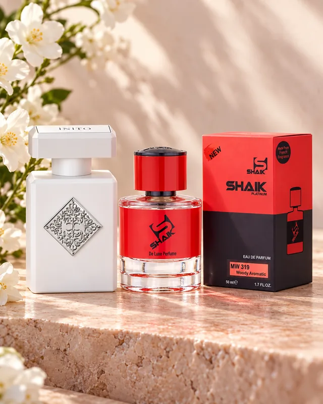 Shaik MW 319 bottle and box beside Initio Rehab, the fragrance that inspired it