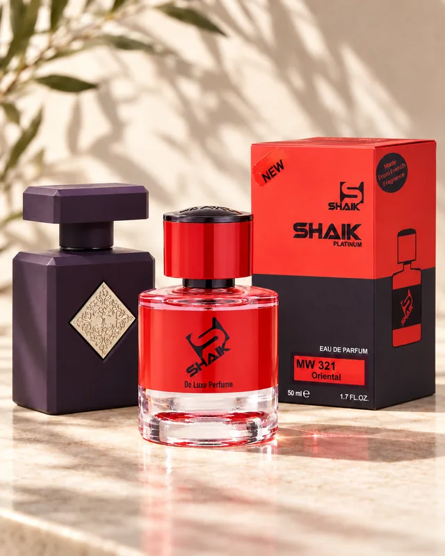 Shaik MW 321 bottle and box beside Initio Side Effect, the fragrance that inspired it