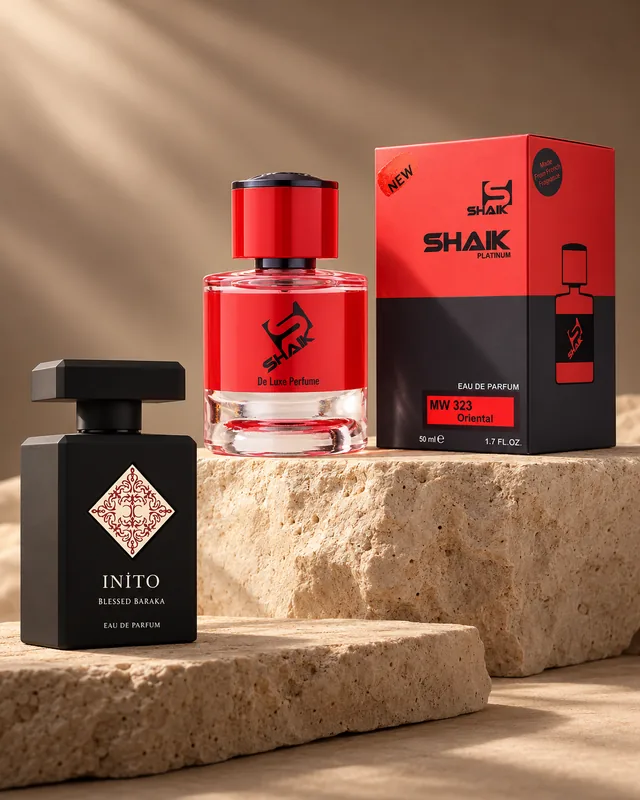 Shaik MW 323 bottle and box beside Initio Blessed Baraka, the fragrance that inspired it