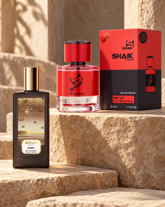 Shaik MW 329 bottle and box beside Memo Paris Marfa, the fragrance that inspired it