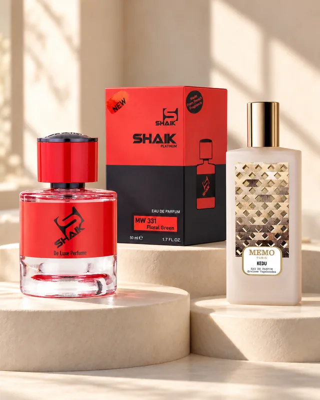 Shaik MW 331 bottle and box beside Memo Paris Kedu, the fragrance that inspired it