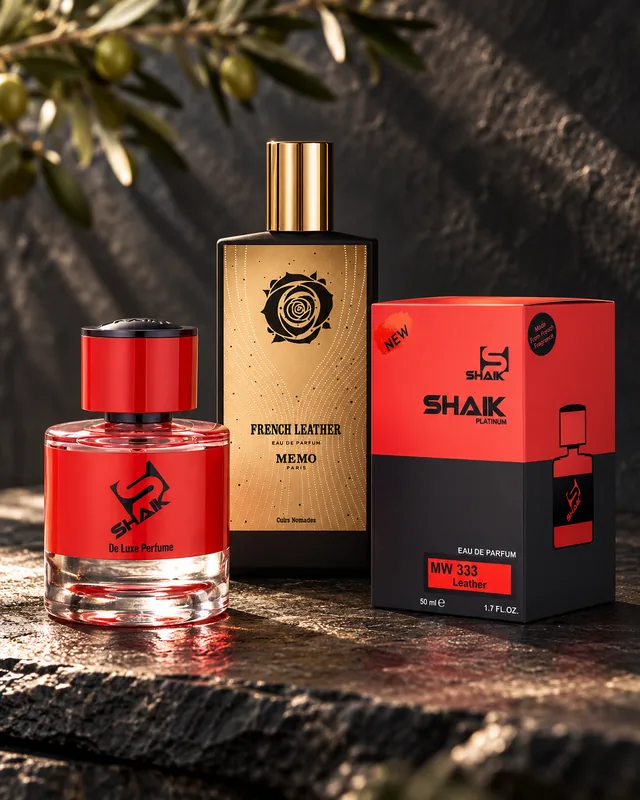 Shaik MW 333 bottle and box beside Memo Paris French Leather, the fragrance that inspired it