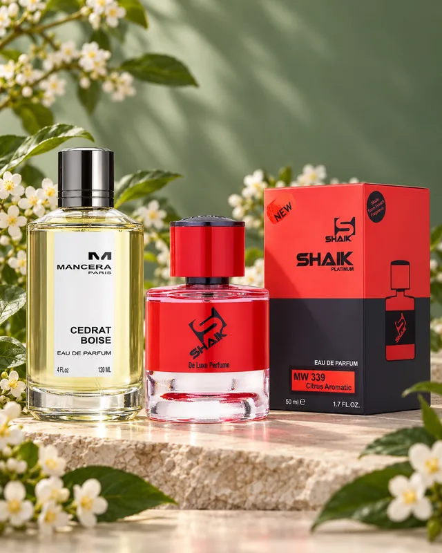 Shaik MW 339 bottle and box beside Mancera Cèdrat Boisé, the fragrance that inspired it