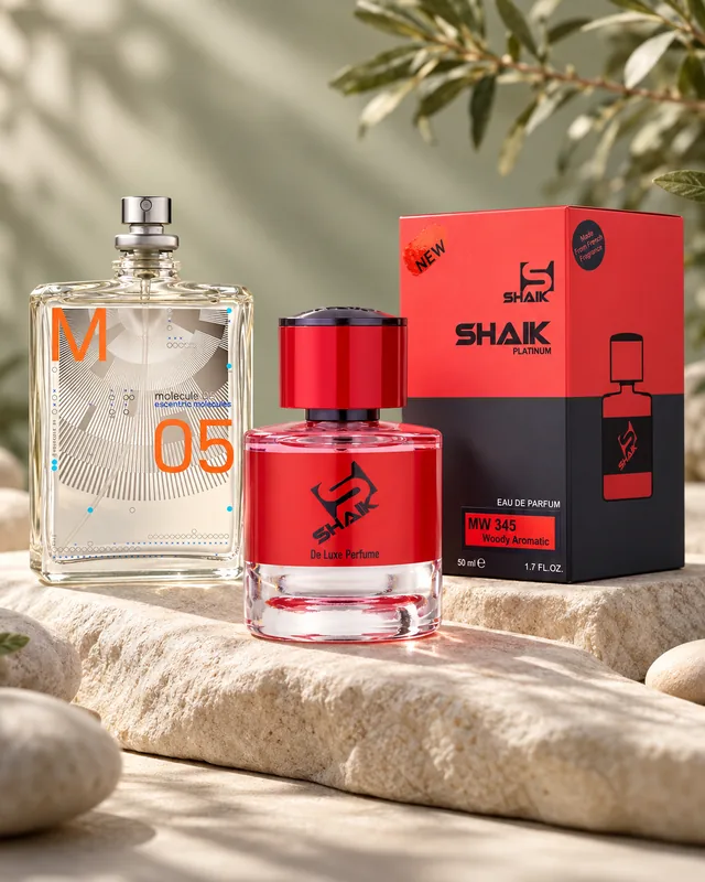 Shaik MW 345 bottle and box beside Escentric Molecules Molecule 05, the fragrance that inspired it