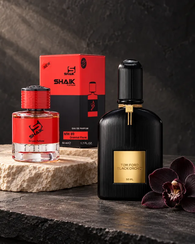 Shaik MW 89 bottle and box beside Tom Ford Black Orchid, the fragrance that inspired it