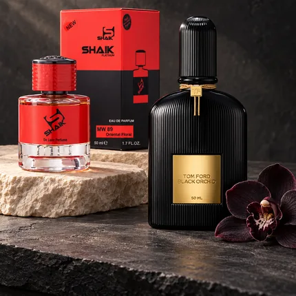 Shaik MW 89 bottle and box beside Tom Ford Black Orchid, the fragrance that inspired it