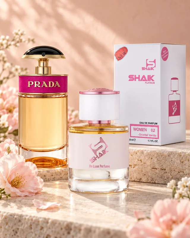 Shaik W 02 bottle and box beside Prada Candy, the fragrance that inspired it