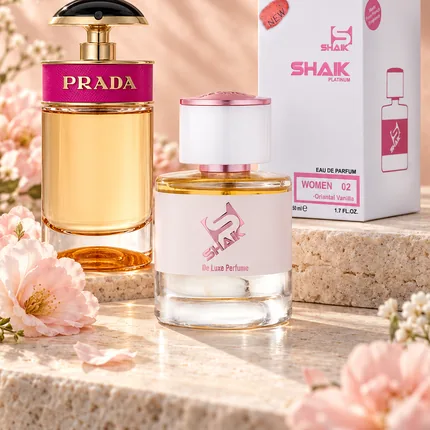 Shaik W 02 bottle and box beside Prada Candy, the fragrance that inspired it