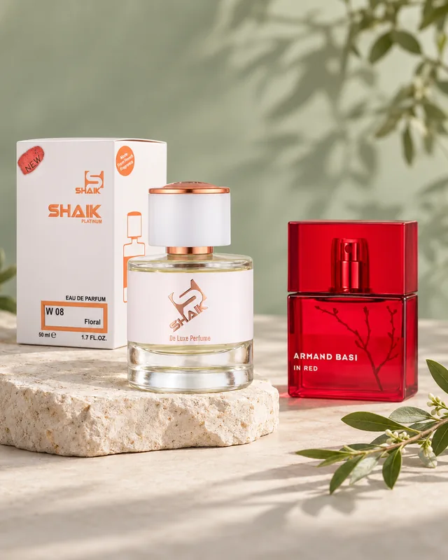 Shaik W 08 bottle and box beside Armand Basi In Red, the fragrance that inspired it
