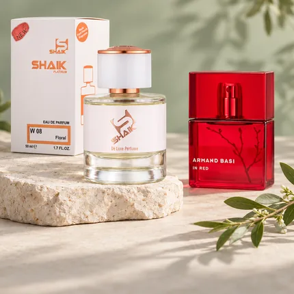 Shaik W 08 bottle and box beside Armand Basi In Red, the fragrance that inspired it