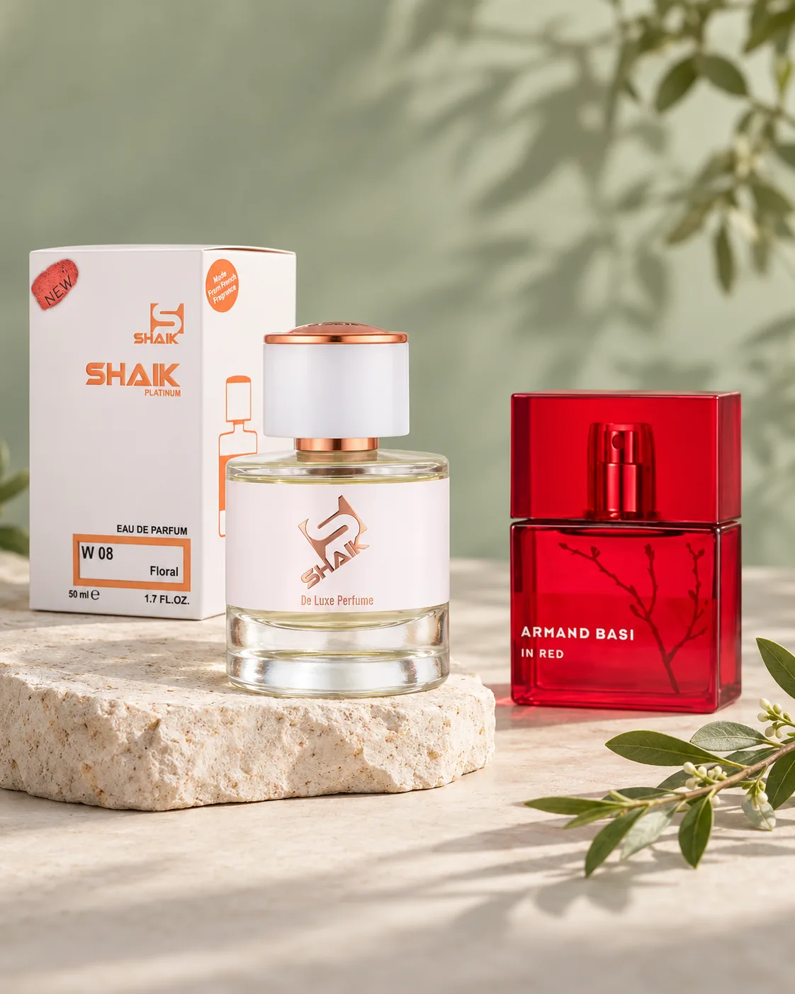 Shaik W 08 bottle and box beside Armand Basi In Red, the fragrance that inspired it