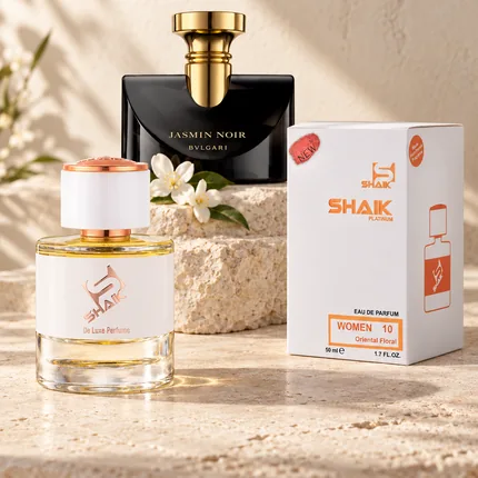 Shaik W 10 bottle and box beside Bvlgari Jasmin Noir, the fragrance that inspired it