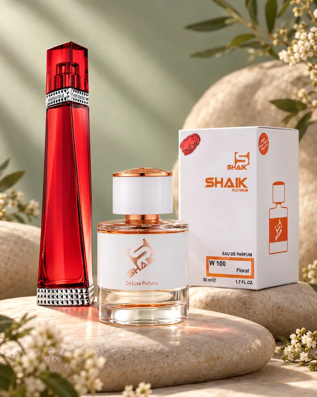 Shaik W 100 bottle and box beside Givenchy Absolutely Irrésistible, the fragrance that inspired it