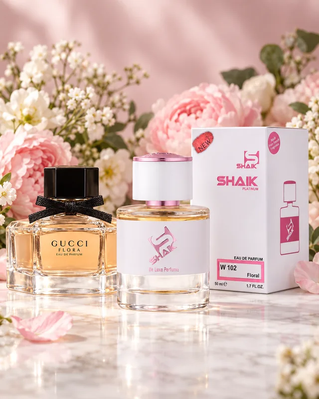 Shaik W 102 bottle and box beside Flora by Gucci Eau de Parfum, the fragrance that inspired it