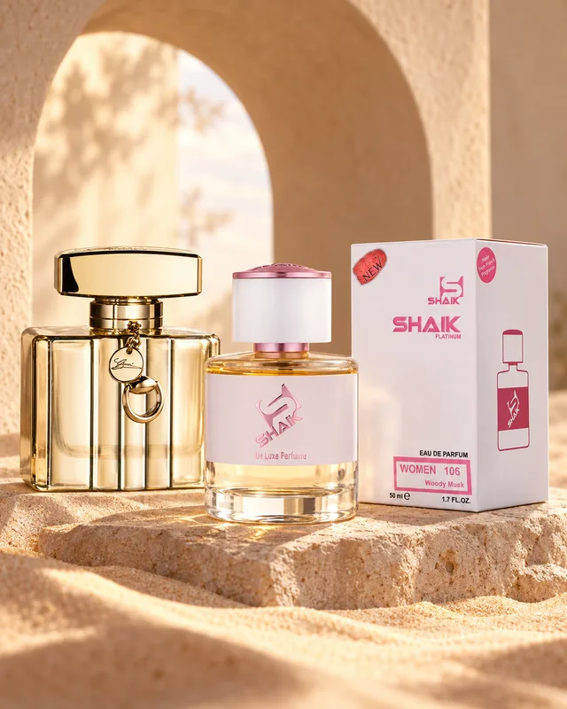 Shaik W 106 bottle and box beside Gucci Première, the fragrance that inspired it