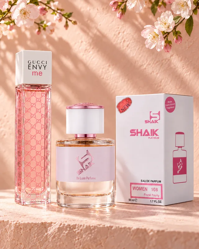Shaik W 108 bottle and box beside Gucci Envy Me, the fragrance that inspired it