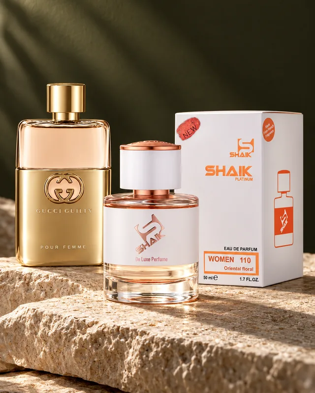 Shaik W 110 bottle and box beside Gucci Guilty, the fragrance that inspired it