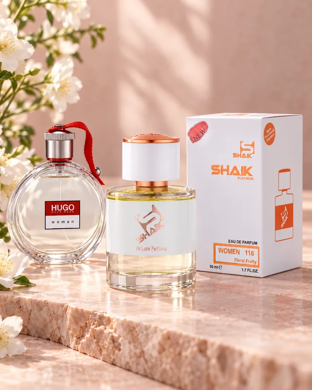Shaik W 116 bottle and box beside Hugo Boss for Women, the fragrance that inspired it