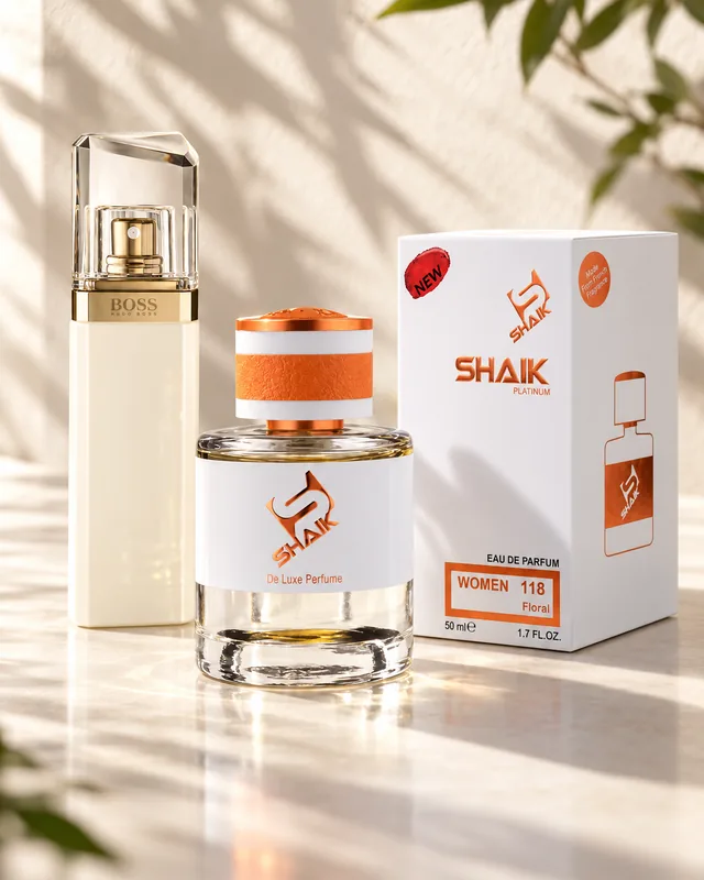 Shaik W 118 bottle and box beside Boss Jour, the fragrance that inspired it