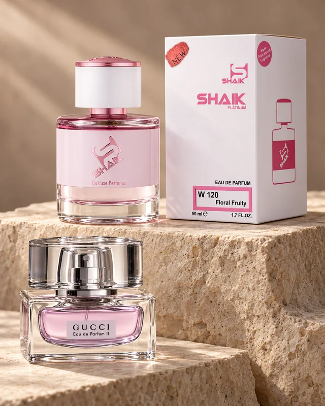 Shaik W 120 bottle and box beside Gucci Eau de Parfum II, the fragrance that inspired it