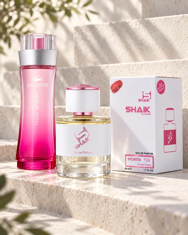 Shaik W 122 bottle and box beside Lacoste Touch of Pink, the fragrance that inspired it